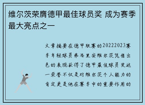 维尔茨荣膺德甲最佳球员奖 成为赛季最大亮点之一
