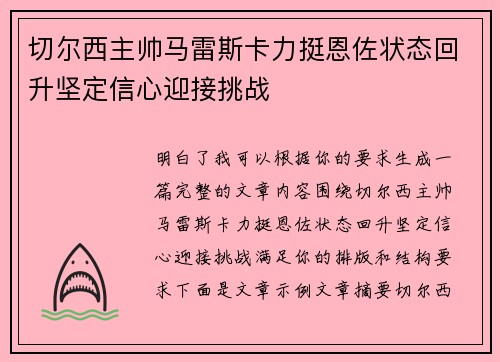 切尔西主帅马雷斯卡力挺恩佐状态回升坚定信心迎接挑战 切尔西主帅马雷斯卡力挺恩佐状态回升坚定信心迎接挑战